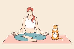 mulher faz ioga com gato, meditando dentro lótus posição a partir de zen ou asana prática vetor