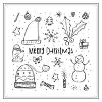 um conjunto de elementos de inverno no estilo doodle. ilustração desenhada à mão em uma moldura quadrada. Feliz Ano Novo 2022. Feliz Natal. vetor