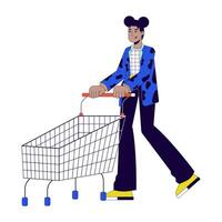 Preto mulher compra compras carrinho 2d linear desenho animado personagem. africano americano fêmea comprador isolado linha vetor pessoa branco fundo. supermercado carrinho menina cor plano local ilustração