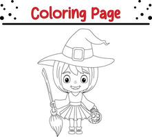 pequeno menina bruxa coloração página para crianças vetor