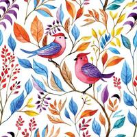 fofa aguarela padronizar com colori pássaros dentro a jardim. desatado impressão com folhas e flores vetor