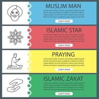 Conjunto de modelos de banner da web de cultura islâmica. homem muçulmano, estrela islâmica, pessoa em oração, zakat. itens de menu do site com ícones lineares. conceitos de design de cabeçalhos de vetor