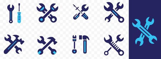 ferramenta ícone vetor conjunto com chave inglesa, martelo, e símbolo ilustração para consertar e reparar conceito