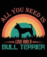 todos você precisar é amor e uma touro terrier gato vintage camiseta Projeto. vetor