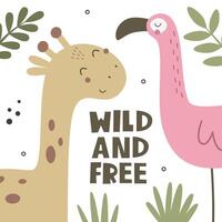 selvagem e livre. desenho animado girafa, flamingo, mão desenhando rotulação. plano estilo, colorida vetor para crianças. bebê Projeto para cartões, poster decoração, impressão