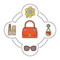 conjunto de ícones de cores de conteúdo de bolsa feminina. broche, brinco, óculos de sol, batom. ilustrações vetoriais isoladas vetor
