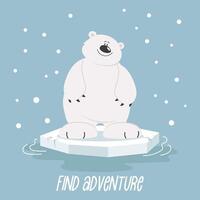 fofa polar Urso em a gelo floe em uma azul fundo com neve. Projeto para imprimir, crianças cartão, ilustração. vetor