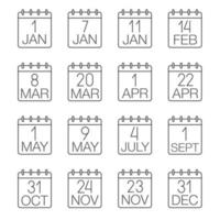 conjunto de ícones lineares do calendário de feriados. calendários de parede. símbolos de contorno de linha fina. datas e ocasiões. ilustrações isoladas de contorno vetorial vetor