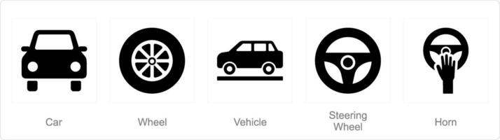 uma conjunto do 5 carro ícones Como carro, roda, veículo vetor