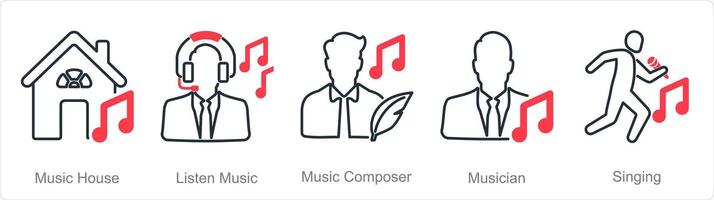 uma conjunto do 5 música ícones Como música casa, ouço música, música compositor vetor