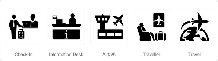 uma conjunto do 5 aeroporto ícones Como Verifica em, em formação mesa, aeroporto vetor