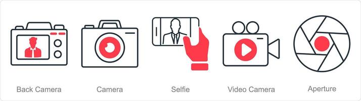 uma conjunto do 5 fotografia ícones Como costas Câmera, Câmera, selfie vetor