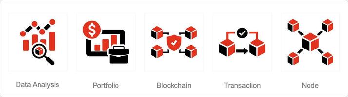 uma conjunto do 5 blockchain ícones Como dados análise, portfólio, blockchain vetor