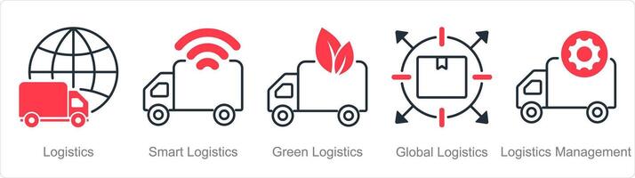 uma conjunto do 5 logística ícones Como logística, inteligente logística, verde logística vetor