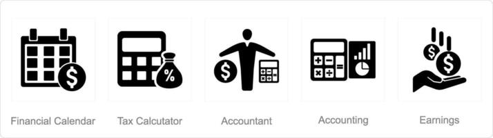uma conjunto do 5 contabilidade ícones Como financeiro calendário, imposto calculadora, contador vetor