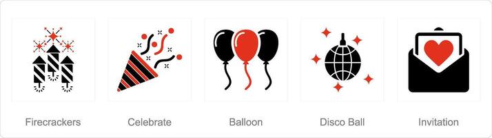 uma conjunto do 5 comemoro ícones Como fogos de artifício, comemoro, balões vetor