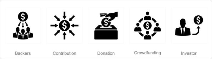 uma conjunto do 5 financiamento colaborativo ícones Como apoiadores, contribuição, doação vetor
