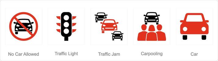 uma conjunto do 5 carro ícones Como não carro permitido, tráfego luz, tráfego geléia vetor