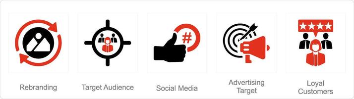 uma conjunto do 5 branding ícones Como Reformulação, alvo público, social meios de comunicação vetor