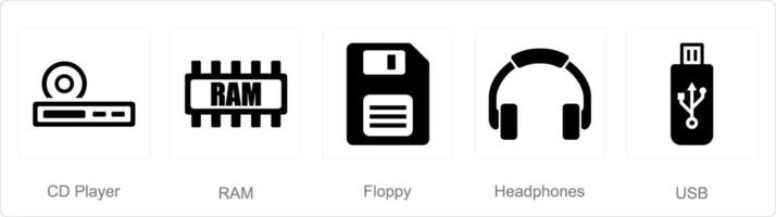 uma conjunto do 5 peças de computador ícones Como CD jogador, bater, mole vetor