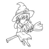 desenho animado pequeno bruxa vôo usar uma cabo de vassoura linha arte vetor