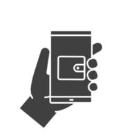 mão segurando o ícone de glifo do smartphone. símbolo da silhueta. aplicativo de banco por telefone inteligente. espaço negativo. ilustração isolada do vetor