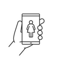 mão segurando o ícone linear do smartphone. ilustração de linha fina. telefone inteligente com símbolo de contorno de mulher. desenho de contorno isolado de vetor