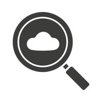 ícone de glifo de pesquisa de armazenamento em nuvem. símbolo da silhueta. lupa com nuvem. espaço negativo. ilustração isolada do vetor
