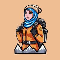 mascote logotipo do uma hijab vestindo alpinista carregando uma escalada saco vetor