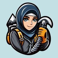 mascote logotipo do uma hijab vestindo alpinista carregando escalada Ferramentas vetor