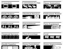 Publicidades e classificados cabeça ícones definir, propaganda vetor pictogramas coleção