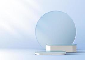 3D realista e elegante display branco pedestal pódio na transparência superior e pano de fundo circular vetor