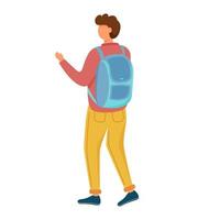 jovem caminhando com ilustração vetorial plana de mochila. viajante estudante. viagem de férias. cara caucasiano de corpo inteiro em roupas casuais com um personagem de desenho animado com uma bolsa isolada no fundo branco vetor