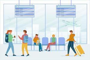 passageiros em ilustração em vetor plana área de saguão do aeroporto. viajantes no terminal aéreo. parada de trânsito. zona de transferência. pessoas esperando o avião, conversando, carregando bagagem, personagens de desenhos animados