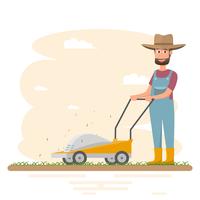 homem agricultor cortar grama com cortador vetor