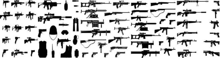 ícones de armas. vetores de armas. ilustração de equipamento militar, conjunto de armas. tipos de armas. grandes armas, pistolas de silhueta detalhada preta gráfica,