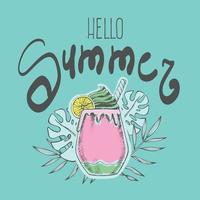 Olá cartão de verão. smoothie fresco e frutas em fundo branco. conceito de estilo de vida saudável. Smoothie desintoxicante fresco com morango, banana, abacaxi, maçã, melancia e kiwi vetor