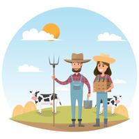 personagem de desenho animado de agricultor com leite vaca em fazenda rural orgânico