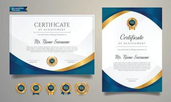 modelo de certificado de diploma premium, cor ouro e azul com emblemas vetor