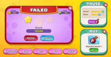 pop-ups do menu da interface do usuário do jogo casual com botões e recursos do jogo vetor