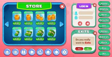 pop-ups do menu da interface do usuário do jogo casual com botões e recursos do jogo vetor