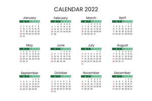 calendário modelo simples 2022 cor gradiente verde vetor