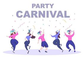 ilustração em vetor fundo celebração feliz carnaval. festival do povo com festa colorida, confete, dança, música e fantasias coloridas para pôster