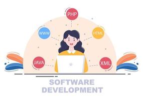 desenvolvimento de software e código de programação em ilustração vetorial de computador para tecnologia, equipe de engenheiros, codificação, material de marketing, negócios e apresentação vetor