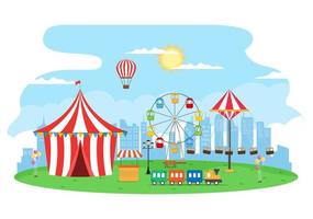 feira de verão com carnaval, circo, parque de diversões ou parque de diversões. paisagem de carrosséis, montanha-russa, balão de ar e ilustração vetorial de playground vetor