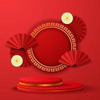 feliz ano novo chinês, decoração de papel de leque vermelho pendurado cultura tradicional de lanterna asiática com exposição de produto em estágio de pódio de cilindro vetor