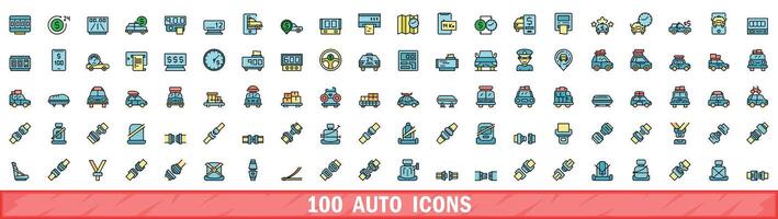 100 auto ícones definir, cor linha estilo vetor