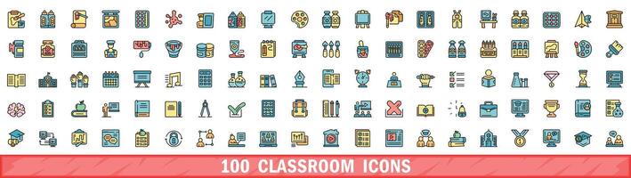 100 Sala de aula ícones definir, cor linha estilo vetor