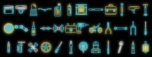 conjunto de ícones de reparo de bicicleta vetor neon