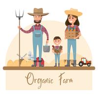 personagem de desenho animado de família fazendeiro feliz em fazenda rural orgânica vetor
